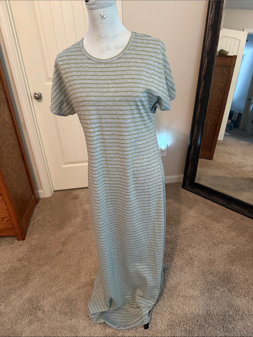 Striped Short-Sleeve Maxi Dress in Light Green and White